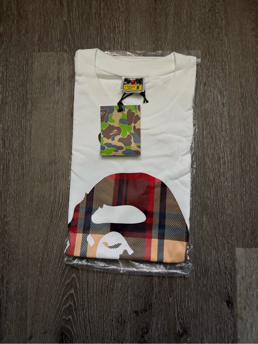Bape White Tee with Red Plaid Ape Face Graphic